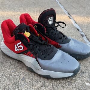 Red and Black Athletic Sneakers(Adidas Donovan Mitchell’s )